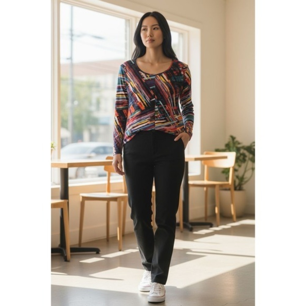 Women Abstract Brushstroke Print Sharkbite Hem Tunic Top Multi Color Long Sleeve